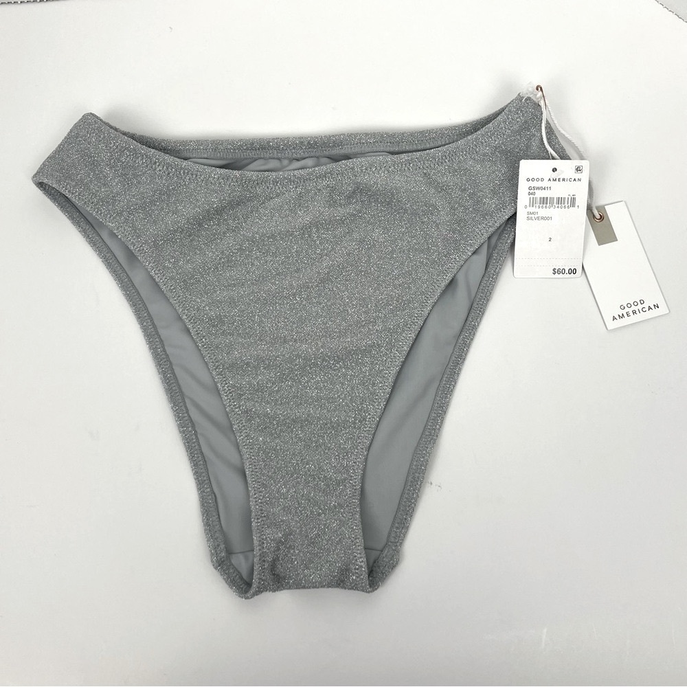 NWT Good American Silver Sparkle Better Bikini Bottom, size 2 = medium.